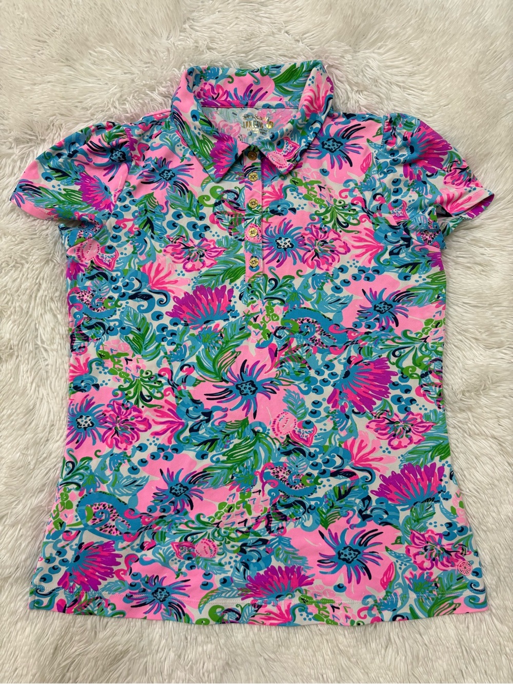 Lilly Pulitzer Pink Tropical Floral Button-Down Polo
